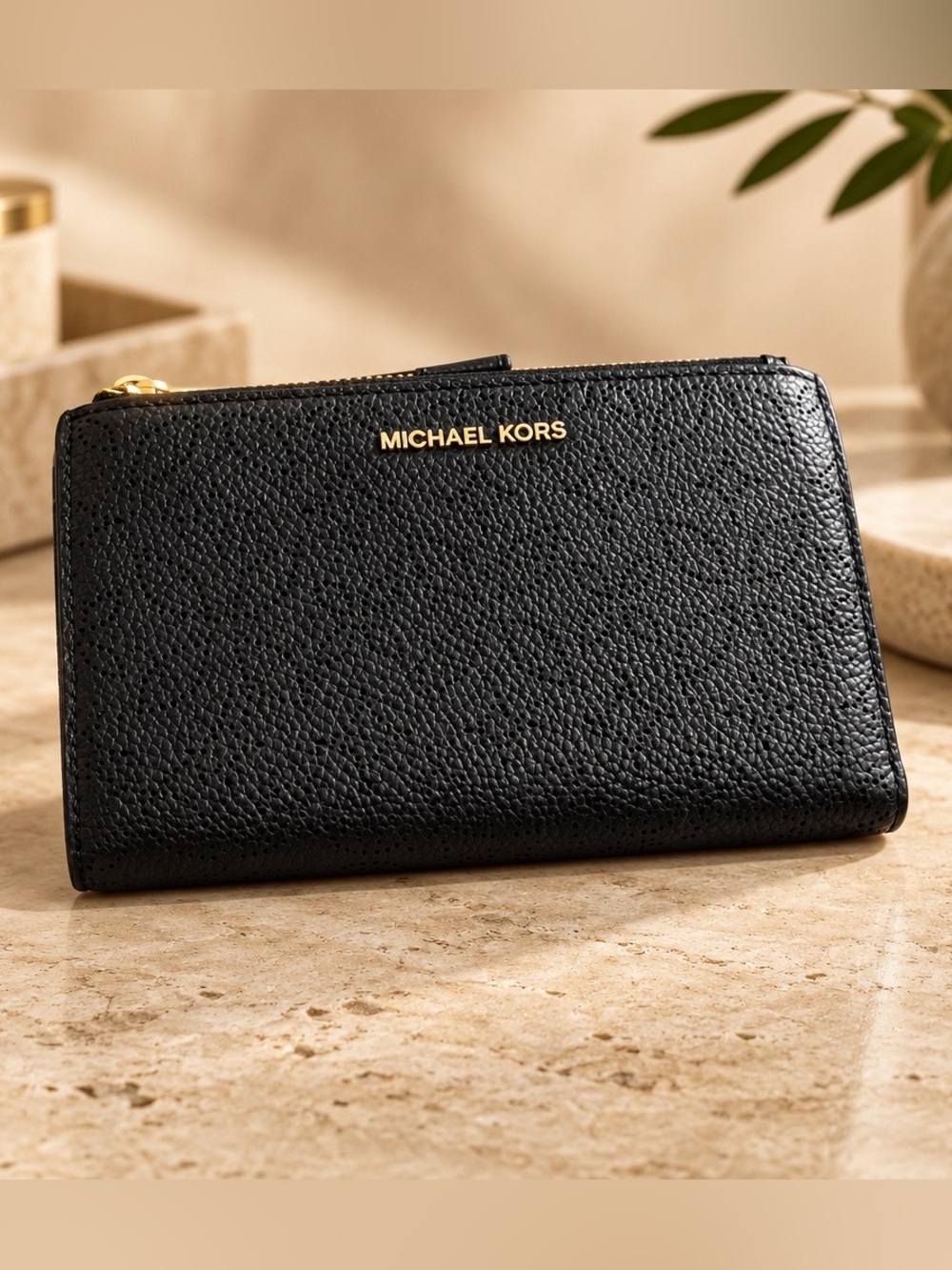 Michael Kors Black Pebbled Leather Card & Key Holder with Gold Logo